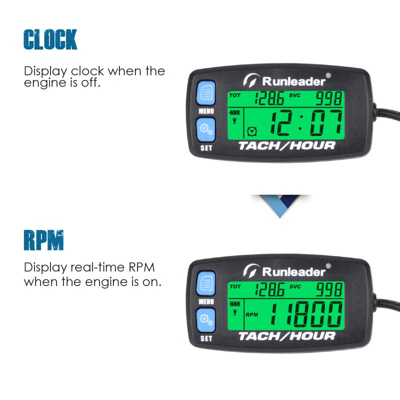 Runleader Hour Meter Tachometer,Maintenance Reminder,Alert RPM,Backlit Display,Initial Hours Setting,Battery Replaceable,Use for ZTR Mower Generator Marine ATV and Gas Powered Device. (Button-Blue) - Image 2